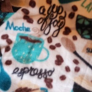Coffee Print Fleece Throw in Teal and Brown